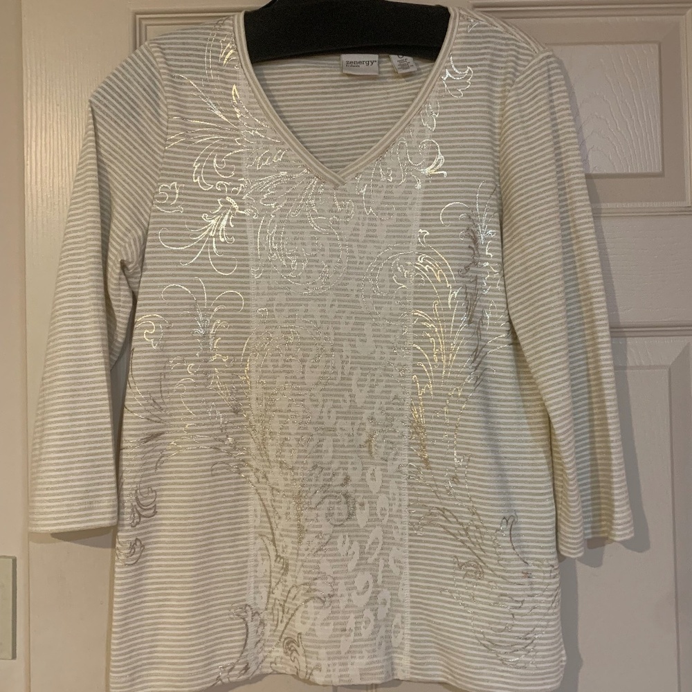 Zenergy by Chico’s Ivory/Gold 3/4 Sleeve Top sz 0